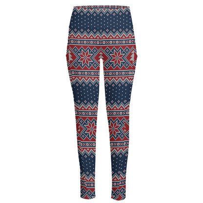 Winter Holiday Knitted Pattern Print High-Waisted Pocket Leggings