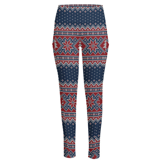Winter Holiday Knitted Pattern Print High-Waisted Pocket Leggings