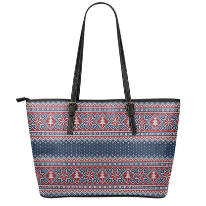 Winter Holiday Knitted Pattern Print Leather Tote Bag
