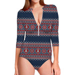 Winter Holiday Knitted Pattern Print Long Sleeve Swimsuit