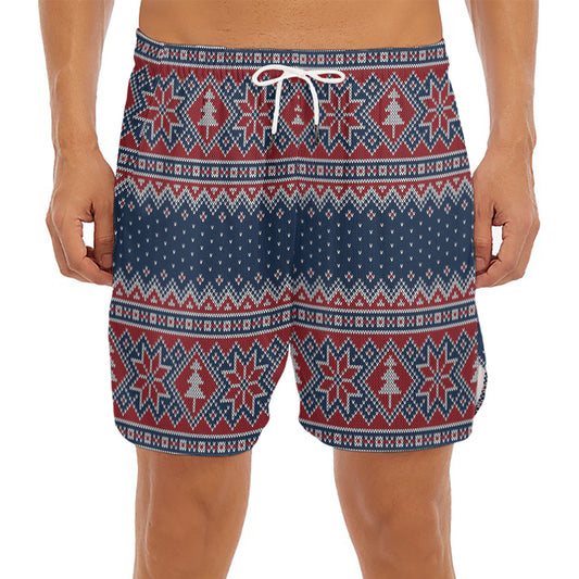 Winter Holiday Knitted Pattern Print Men's Split Running Shorts