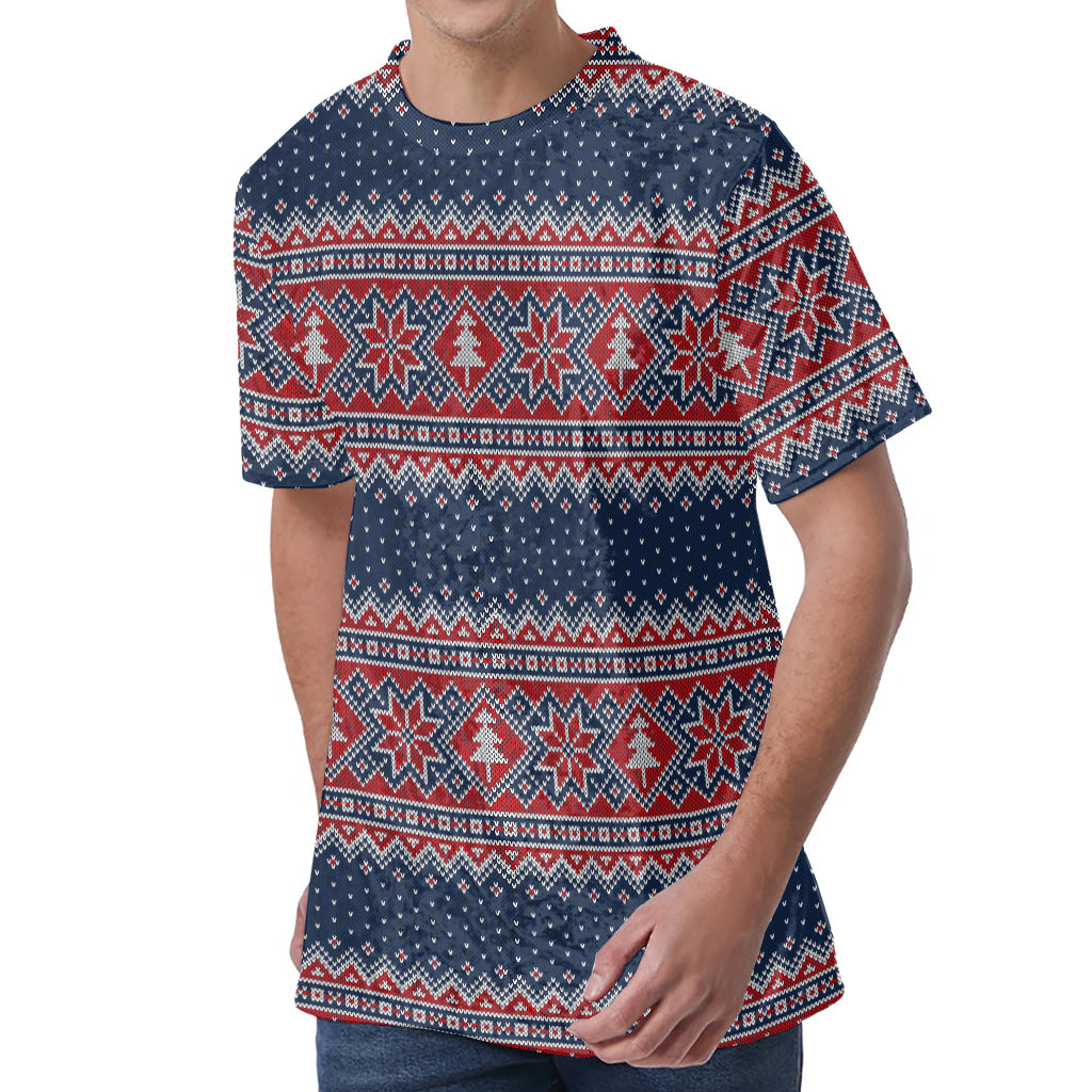 Winter Holiday Knitted Pattern Print Men's Velvet T-Shirt