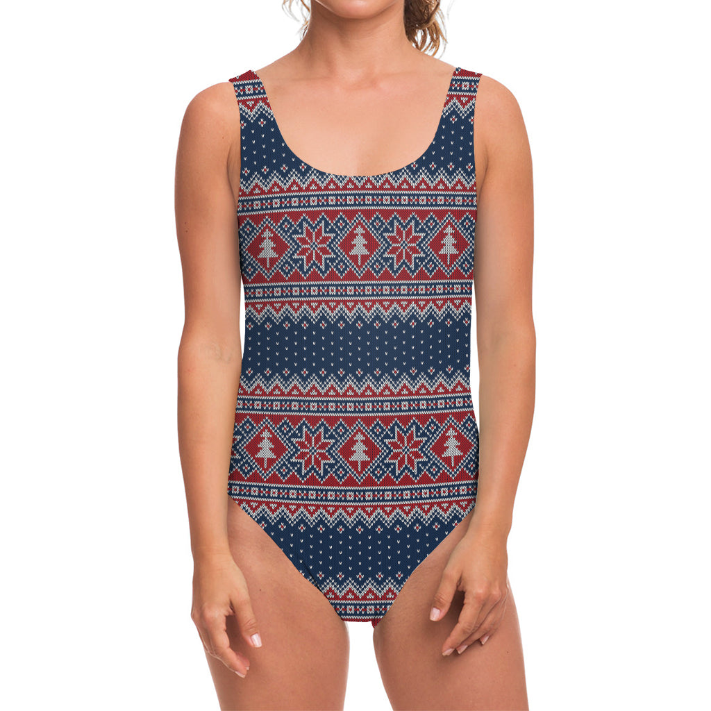 Winter Holiday Knitted Pattern Print One Piece Swimsuit