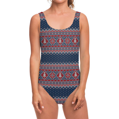 Winter Holiday Knitted Pattern Print One Piece Swimsuit