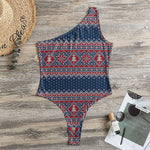 Winter Holiday Knitted Pattern Print One Shoulder Bodysuit