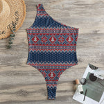 Winter Holiday Knitted Pattern Print One Shoulder Bodysuit