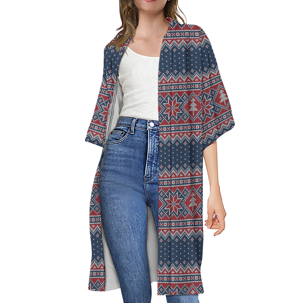 Winter Holiday Knitted Pattern Print Open Front Beach Cover Up