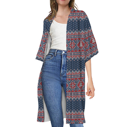 Winter Holiday Knitted Pattern Print Open Front Beach Cover Up