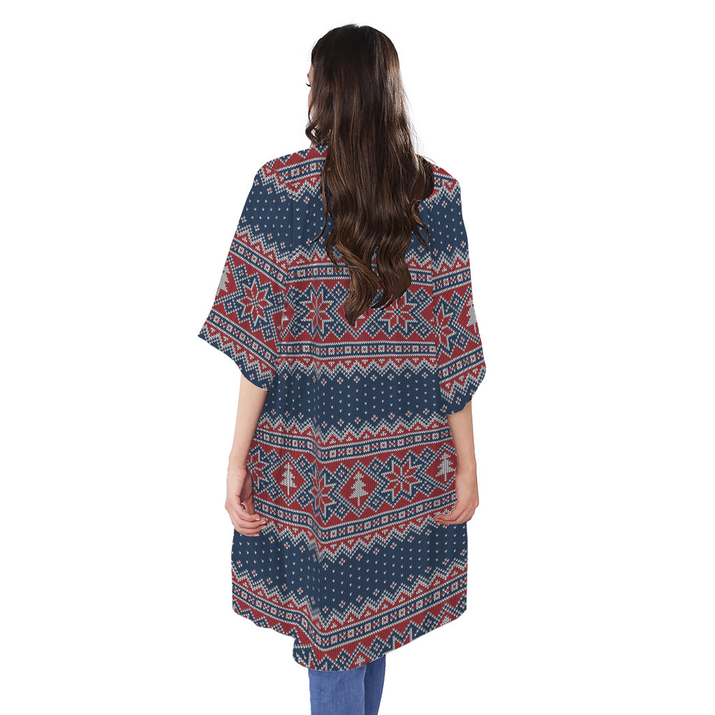 Winter Holiday Knitted Pattern Print Open Front Beach Cover Up