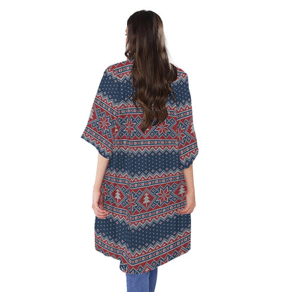 Winter Holiday Knitted Pattern Print Open Front Beach Cover Up