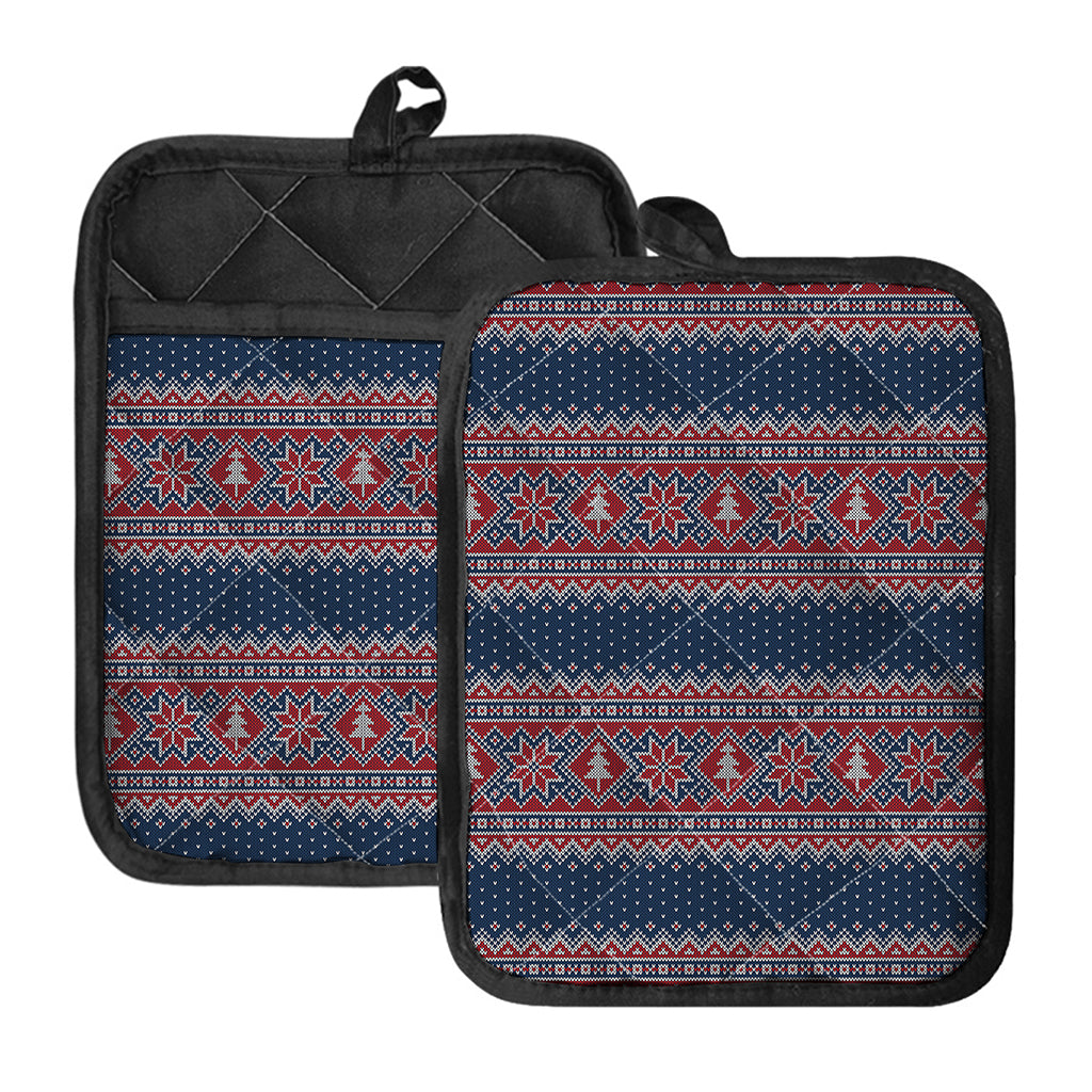 Winter Holiday Knitted Pattern Print Pot Holders With Pocket
