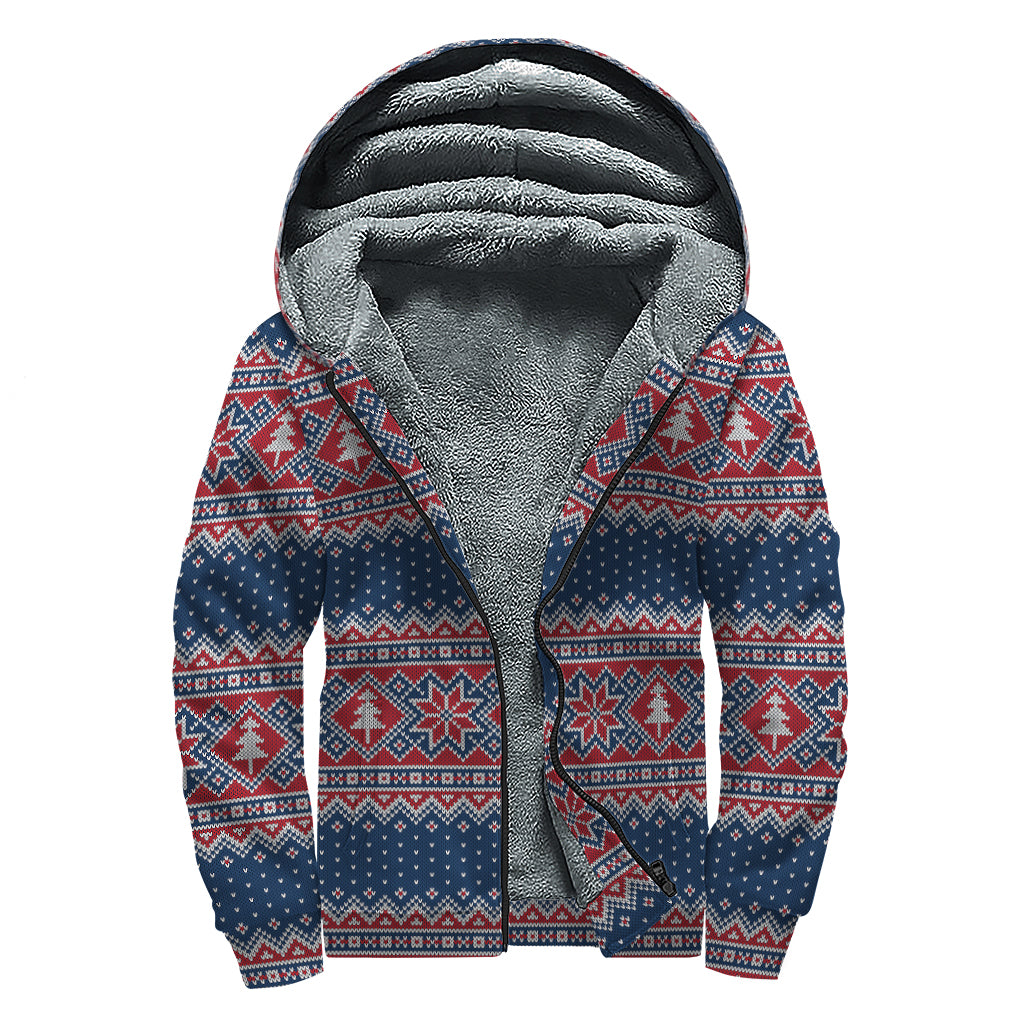 Winter Holiday Knitted Pattern Print Sherpa Lined Zip Up Hoodie