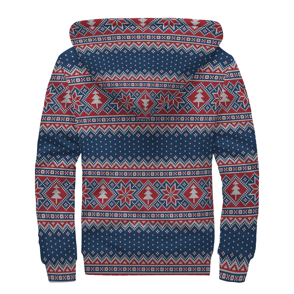 Winter Holiday Knitted Pattern Print Sherpa Lined Zip Up Hoodie