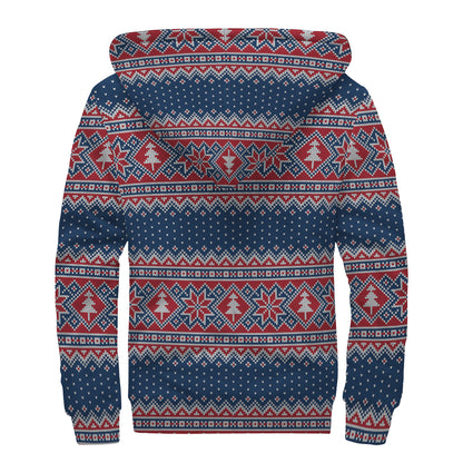 Winter Holiday Knitted Pattern Print Sherpa Lined Zip Up Hoodie