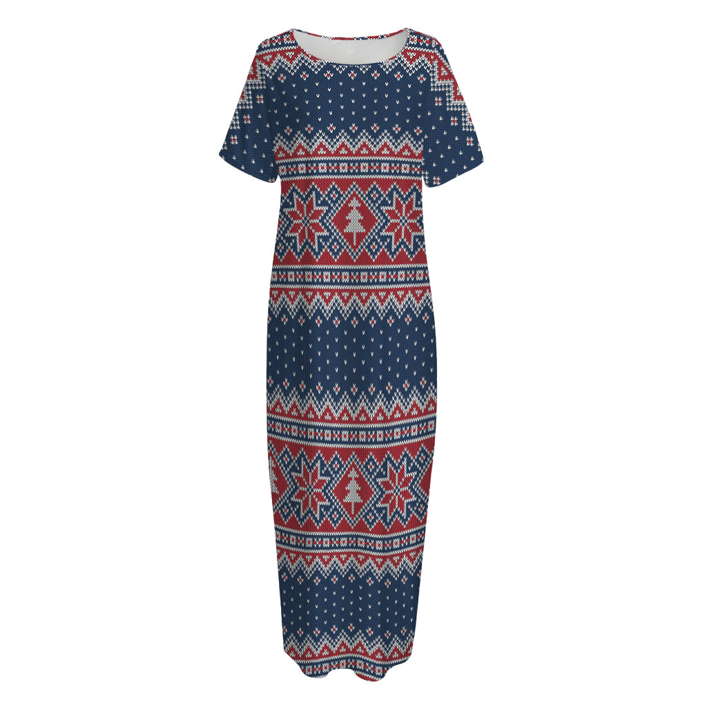 Winter Holiday Knitted Pattern Print Short Sleeve Long Nightdress