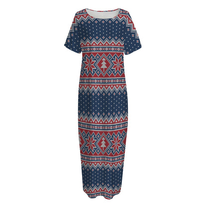 Winter Holiday Knitted Pattern Print Short Sleeve Long Nightdress
