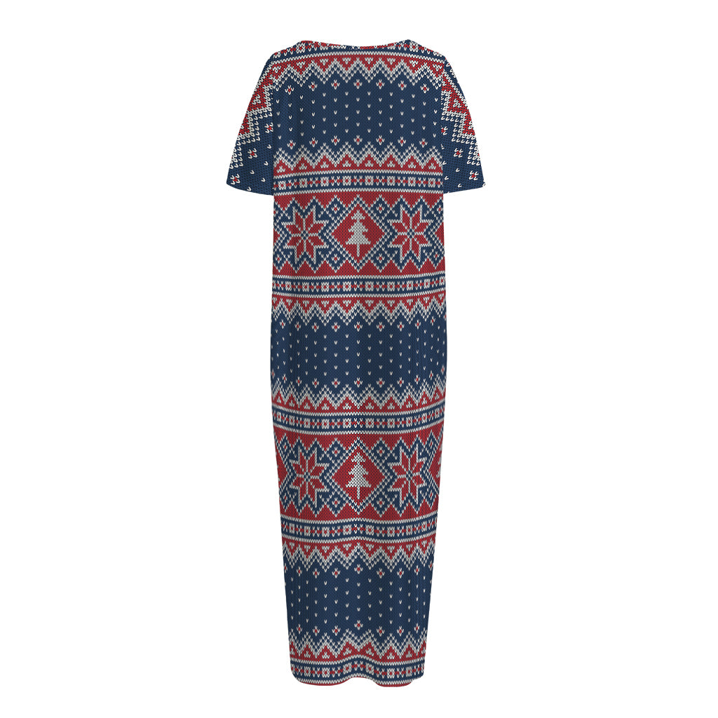 Winter Holiday Knitted Pattern Print Short Sleeve Long Nightdress