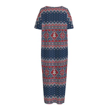 Winter Holiday Knitted Pattern Print Short Sleeve Long Nightdress