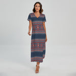 Winter Holiday Knitted Pattern Print Short Sleeve Maxi Dress