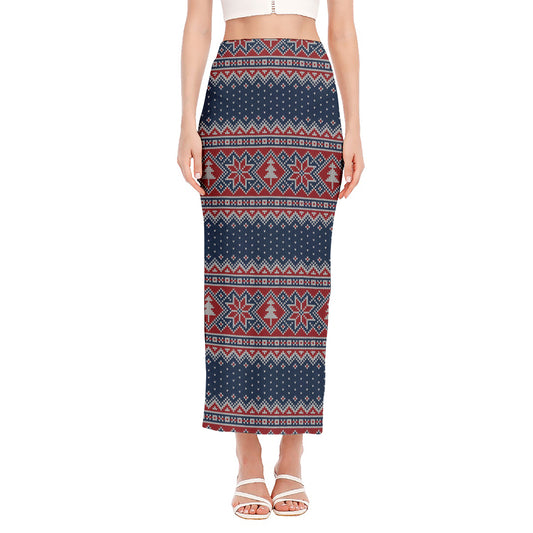 Winter Holiday Knitted Pattern Print Side Slit Maxi Skirt