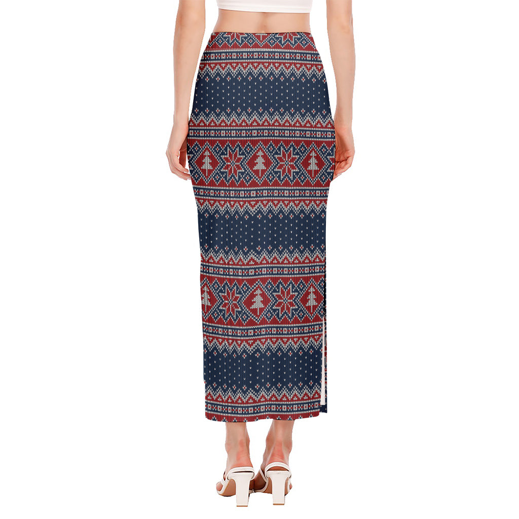 Winter Holiday Knitted Pattern Print Side Slit Maxi Skirt