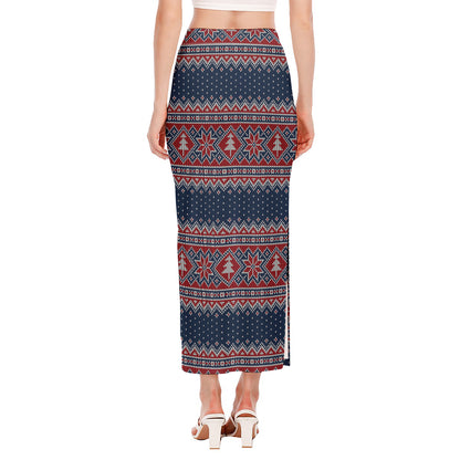 Winter Holiday Knitted Pattern Print Side Slit Maxi Skirt