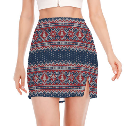 Winter Holiday Knitted Pattern Print Side Slit Mini Skirt