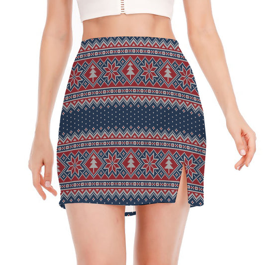 Winter Holiday Knitted Pattern Print Side Slit Mini Skirt