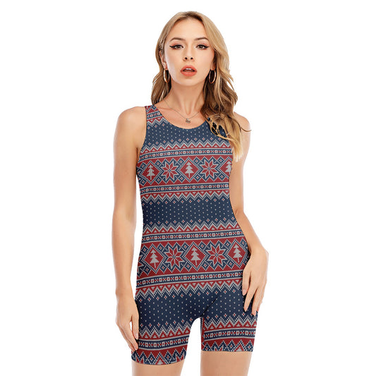 Winter Holiday Knitted Pattern Print Sleeveless One Piece Swimsuit