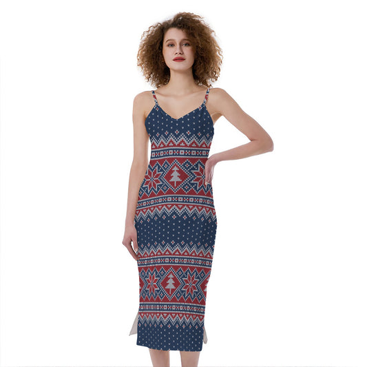 Winter Holiday Knitted Pattern Print Slim Fit Midi Cami Dress