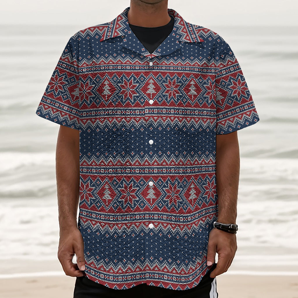 Winter Holiday Knitted Pattern Print Textured Short Sleeve Shirt