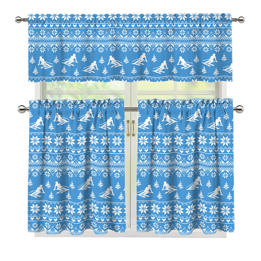 Winter Ski Knitting Pattern Print 3 Piece Kitchen Curtains