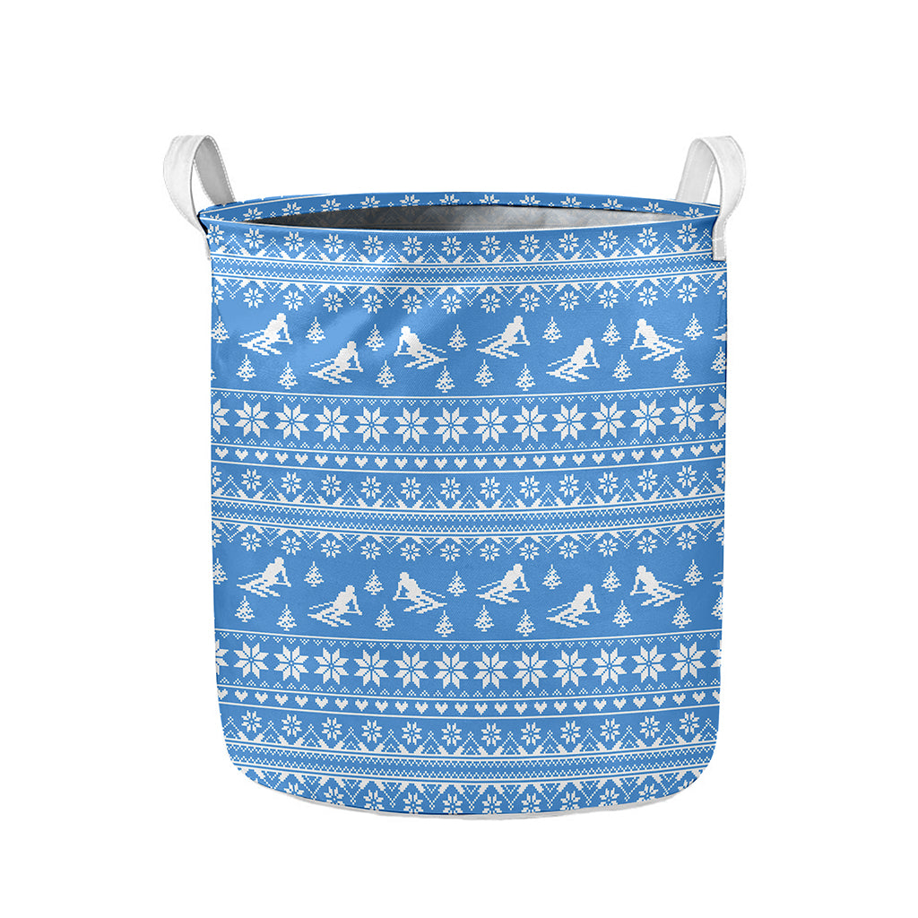 Winter Ski Knitting Pattern Print Collapsible Laundry Basket