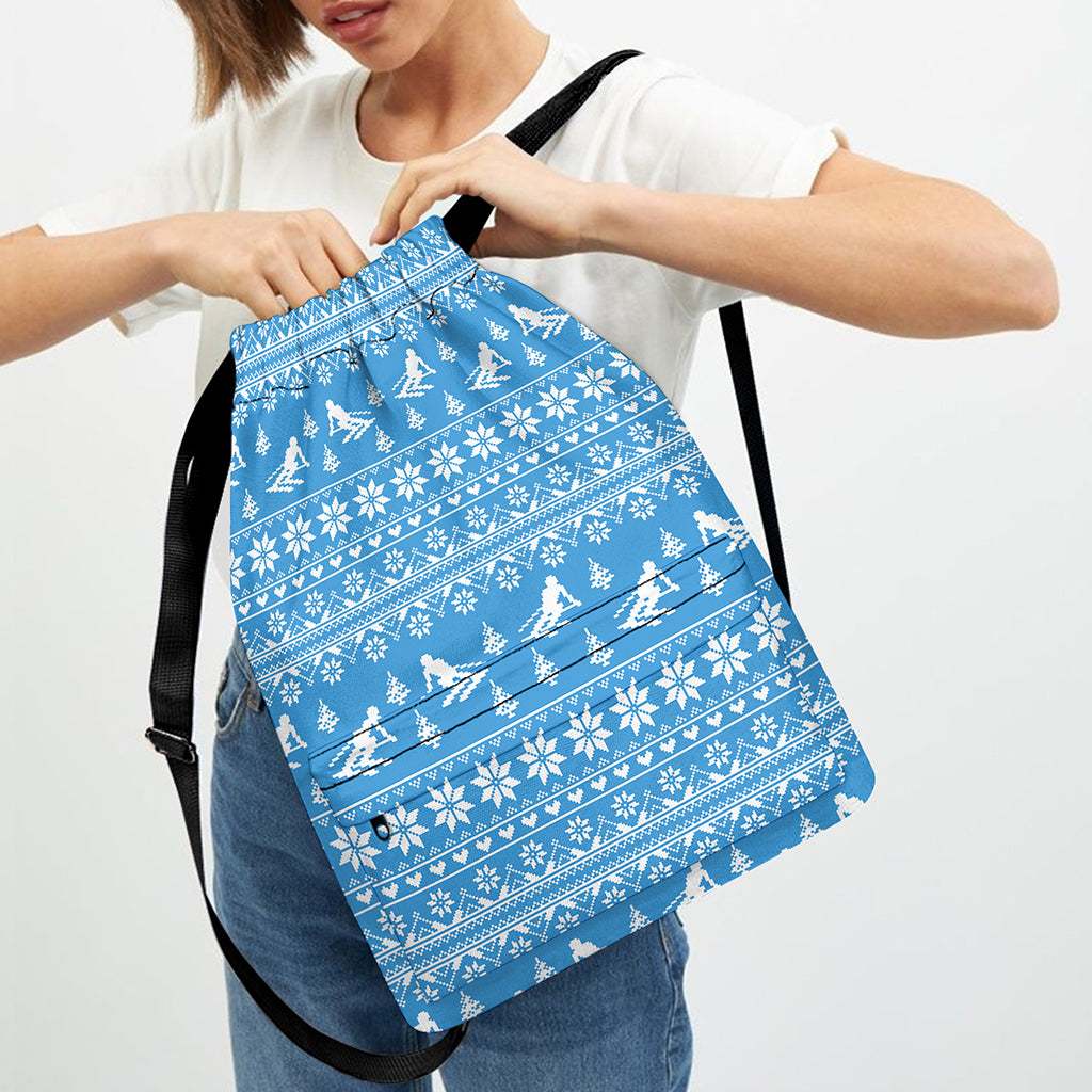 Winter Ski Knitting Pattern Print Drawstring Backpack