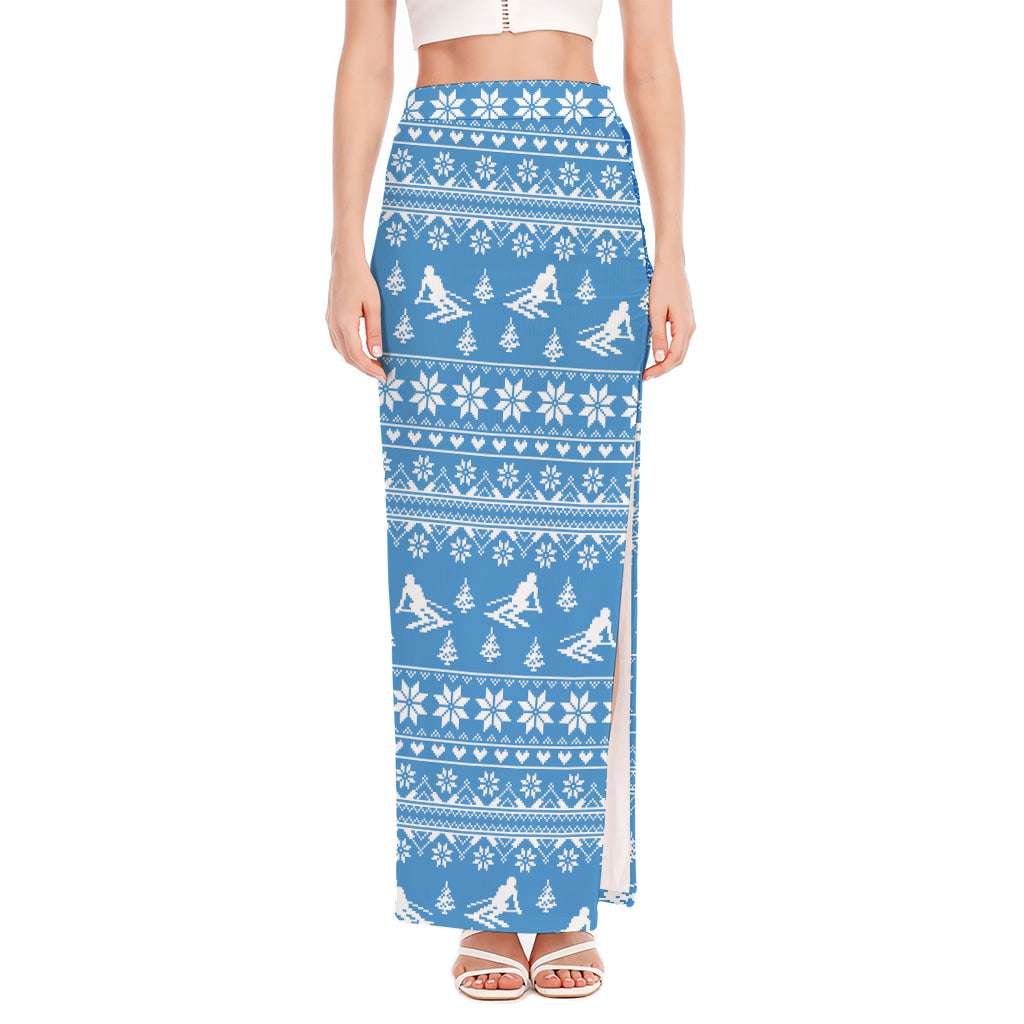 Winter Ski Knitting Pattern Print High Slit Maxi Skirt