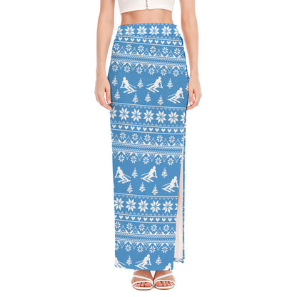 Winter Ski Knitting Pattern Print High Slit Maxi Skirt