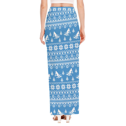 Winter Ski Knitting Pattern Print High Slit Maxi Skirt