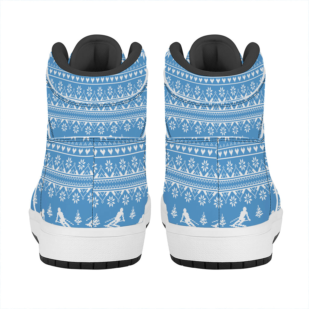Winter Ski Knitting Pattern Print High Top Leather Sneakers