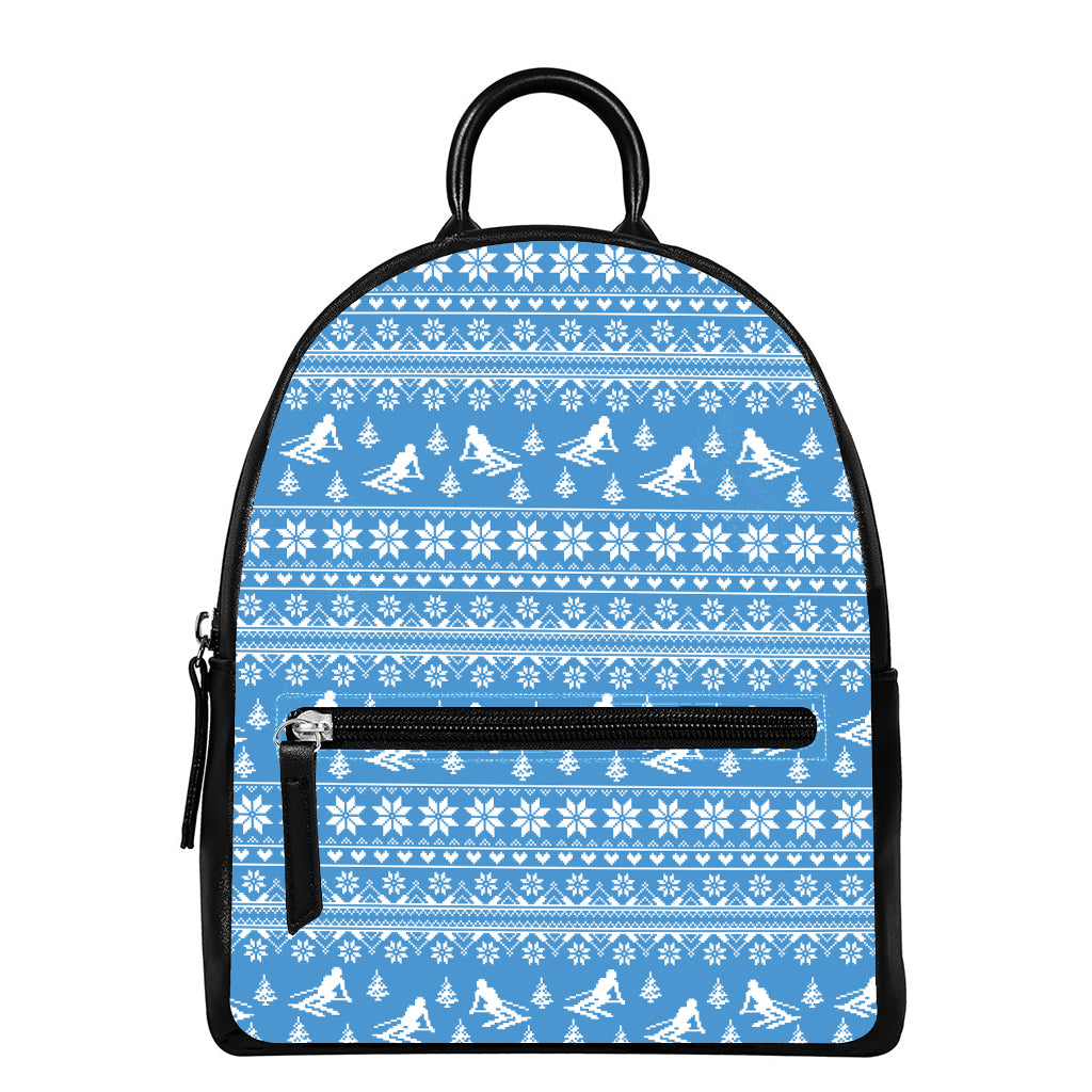 Winter Ski Knitting Pattern Print Leather Backpack