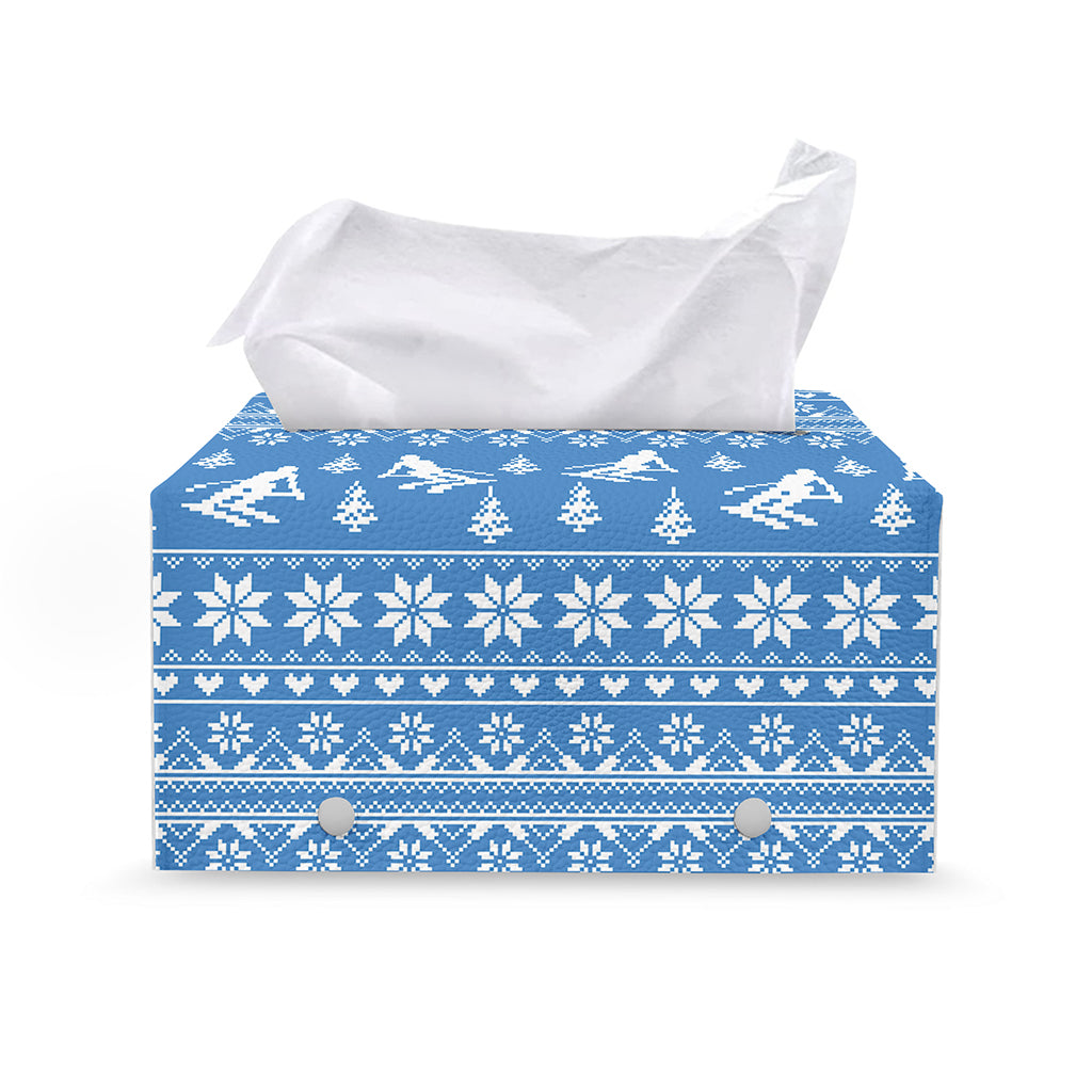 Winter Ski Knitting Pattern Print Leather Tissue Box Cover