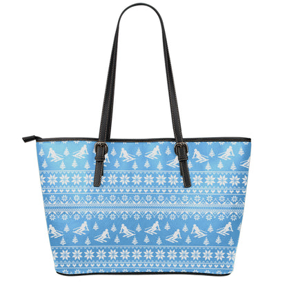 Winter Ski Knitting Pattern Print Leather Tote Bag
