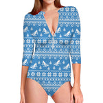 Winter Ski Knitting Pattern Print Long Sleeve Swimsuit