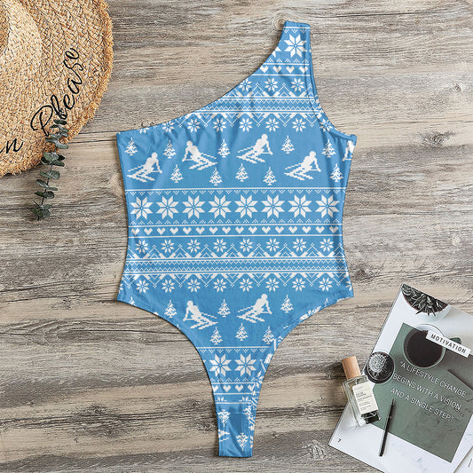 Winter Ski Knitting Pattern Print One Shoulder Bodysuit