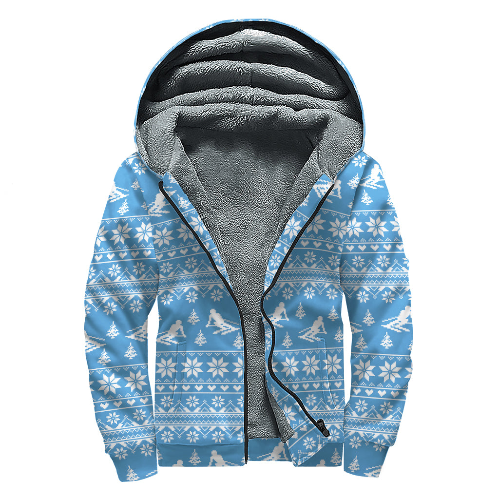 Winter Ski Knitting Pattern Print Sherpa Lined Zip Up Hoodie