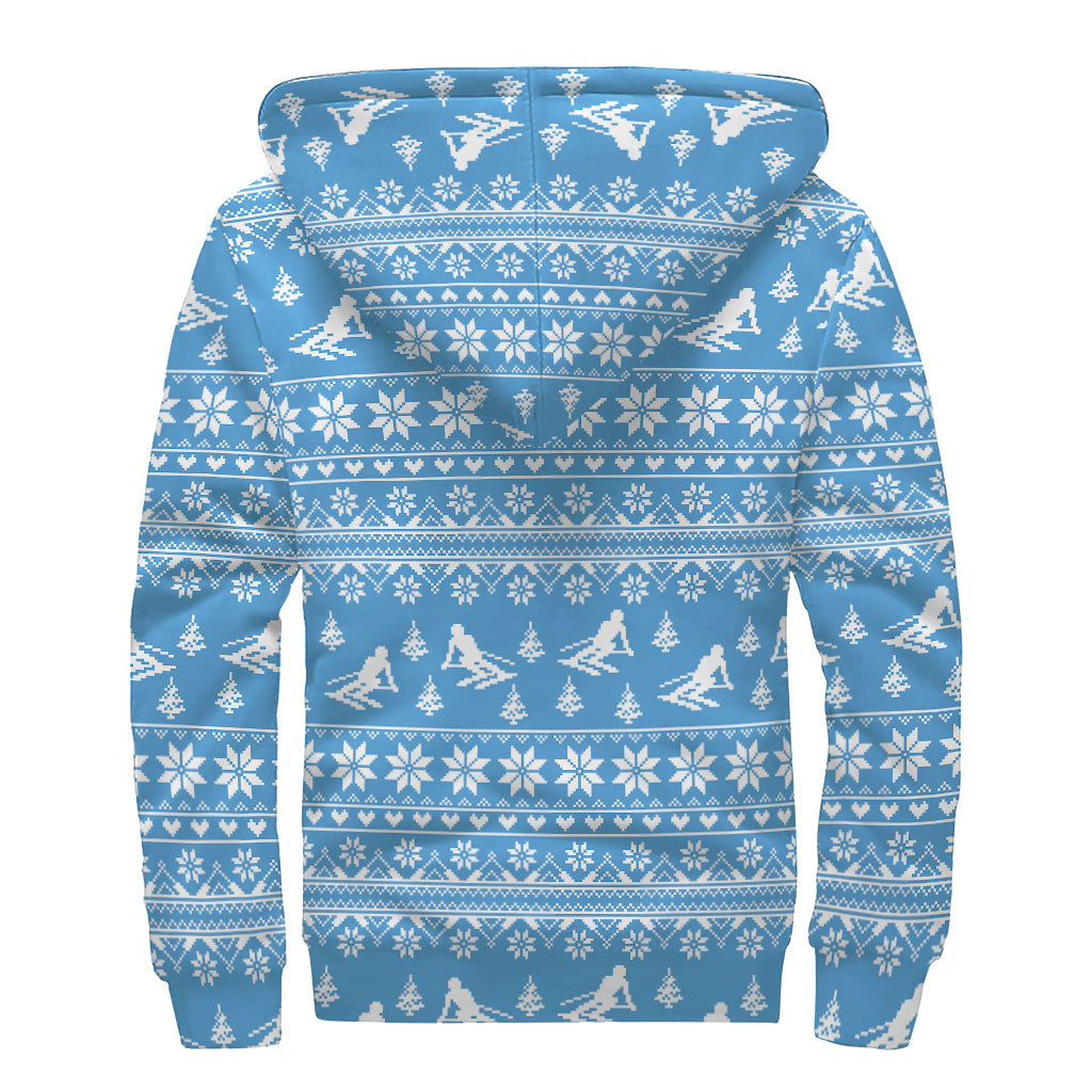 Winter Ski Knitting Pattern Print Sherpa Lined Zip Up Hoodie