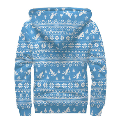 Winter Ski Knitting Pattern Print Sherpa Lined Zip Up Hoodie