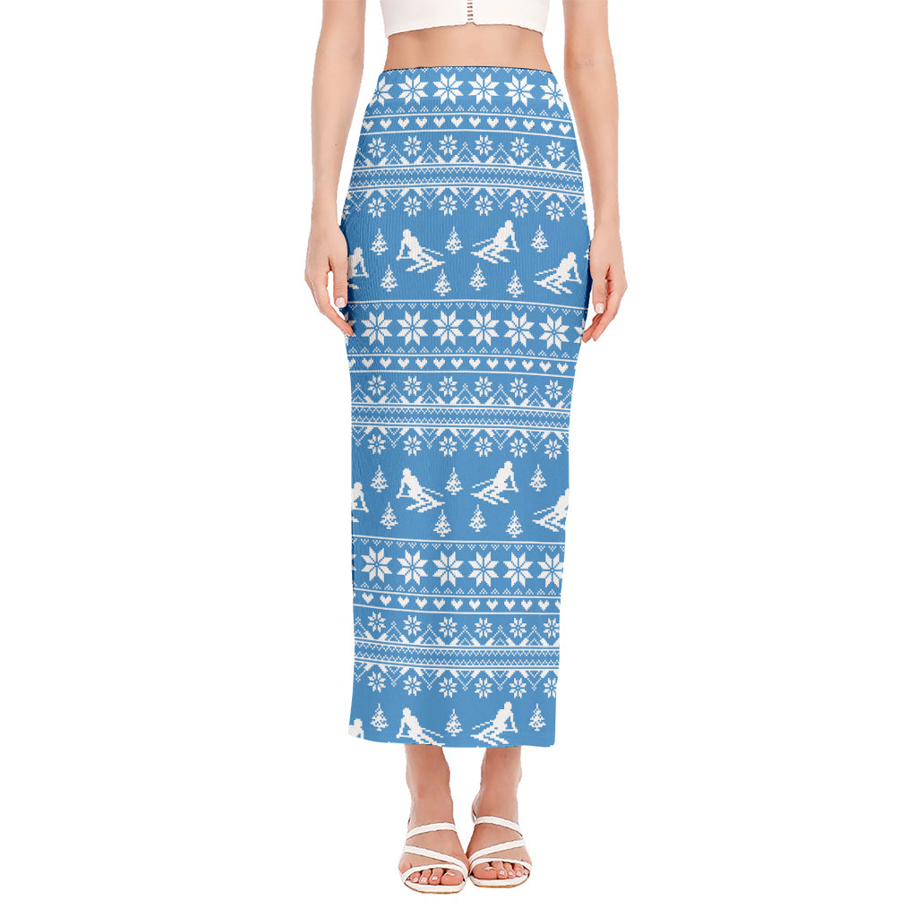 Winter Ski Knitting Pattern Print Side Slit Maxi Skirt