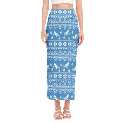 Winter Ski Knitting Pattern Print Side Slit Maxi Skirt