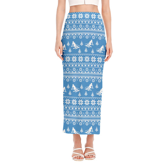 Winter Ski Knitting Pattern Print Side Slit Maxi Skirt