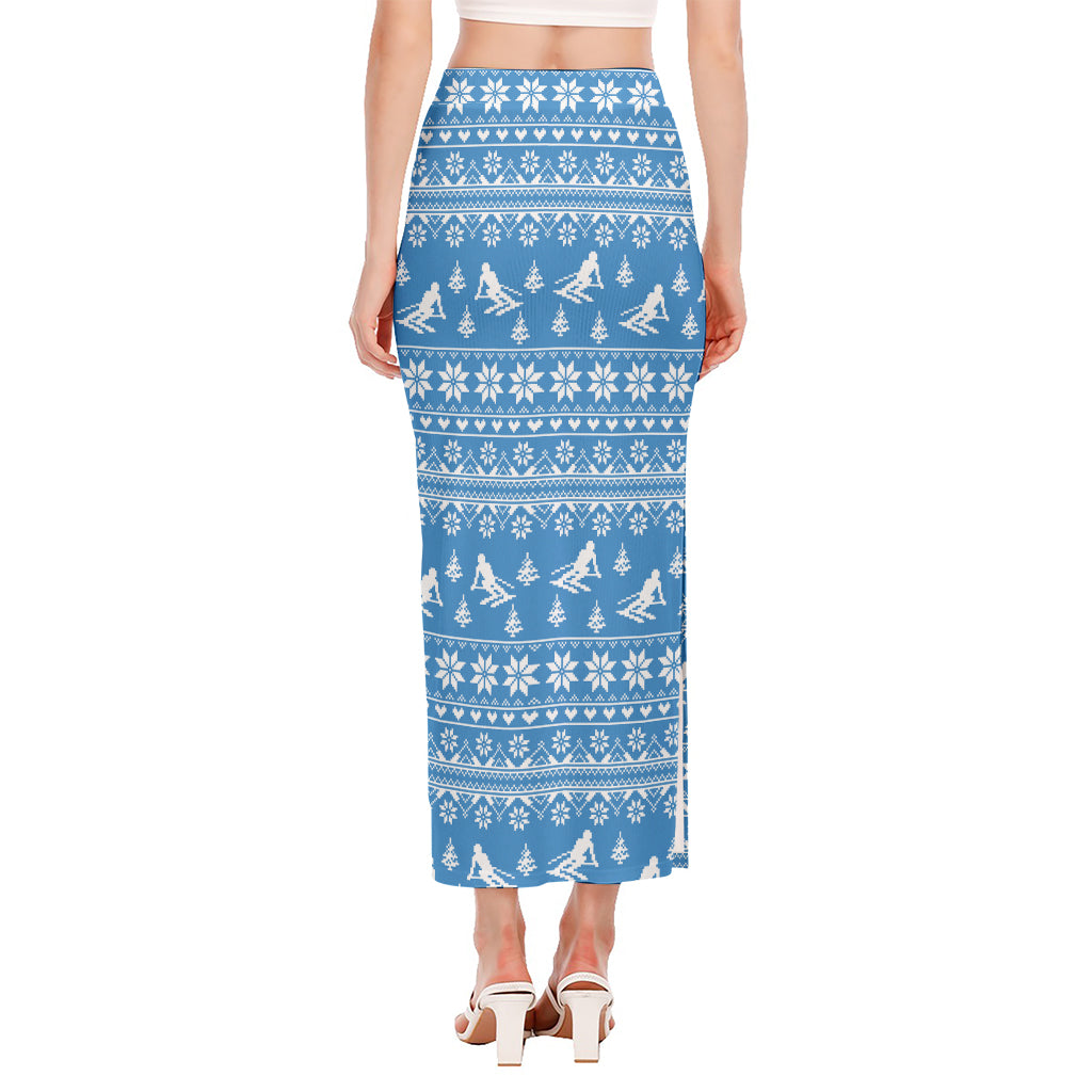 Winter Ski Knitting Pattern Print Side Slit Maxi Skirt